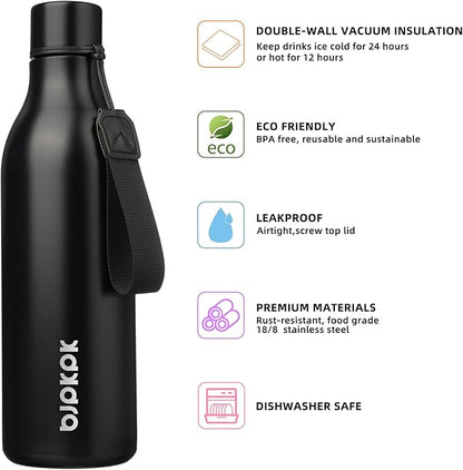 BJPKPK Insulated Water Bottles, 25 oz Stainless Steel Metal Water Bottle with Strap, BPA Free Leak Proof Thermos, Mugs, Flasks, Reusable Water Bottle for Sports & Travel, Black