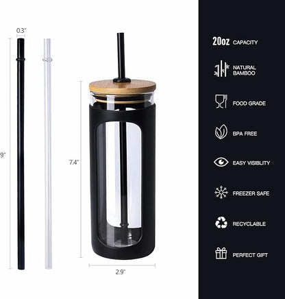 Kodrine 20oz Glass Tumbler with Straw and Lid, Bamboo Lids Water Bottle, Reusable Iced Coffee Cups, Wide Mouth Smoothie Cup with Protective Silicone Sleeve BPA FREE-Black+Pink-2pack