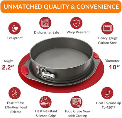 Boxiki Kitchen 10 Inch Nonstick Springform Pan, Professional Spring Form and Cheesecake Baking Mold, Leakproof Cake Pan with Silicone Handles