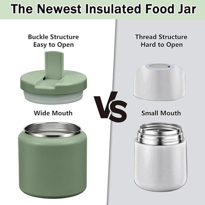 26oz Kids Jar for Hot Food, Insulated Vacuum Food Jar with Buckle Lid, Stainless Steel Wide Mouth Leak Proof Insulated Lunch Container for School Picnic Travel, Green