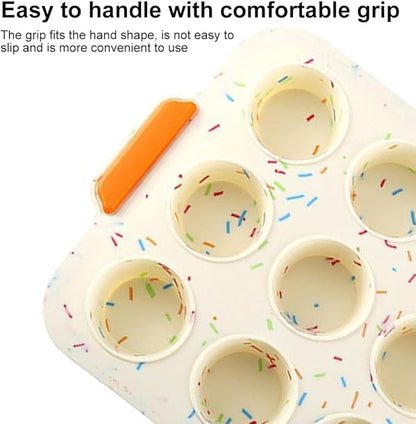Silicone Muffin Pan,12 Cups Muffin Baking Pan with Handle Reusable Cupcake Baking Pan for Roasting Homemade Muffins, Cupcakes and Egg Bites(COLOR:Beige)