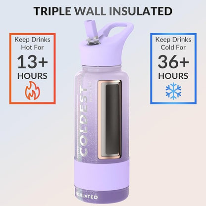 Coldest Insulated Water Bottle with Straw Lid - Stainless Steel Metal Insulated Bottle for Men & Women (Purple Ombré Glitter, 32 oz)