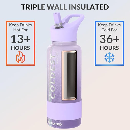 Coldest Insulated Water Bottle with Straw Lid - Stainless Steel Metal Insulated Bottle for Men & Women (Purple Ombré Glitter, 32 oz)