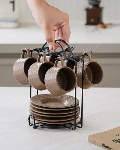 Espresso Cups Set, 4 Oz Porcelain Coffee Cups with Saucer and Metal Stand Small Cappuccino Cups Set of 6 Demitasse Cups for Espresso, Latte, Cafe Mocha, Cappuccino, and Tea, Brown