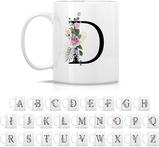 Retreez Initial A-Z Floral Botanical Bouquet Alphabet Monogrammed Monogram Mug 11 Oz Ceramic Tea Coffee Mugs - Appreciation Thank You Wedding Birthday Gifts for her friend coworker sister - D Initial