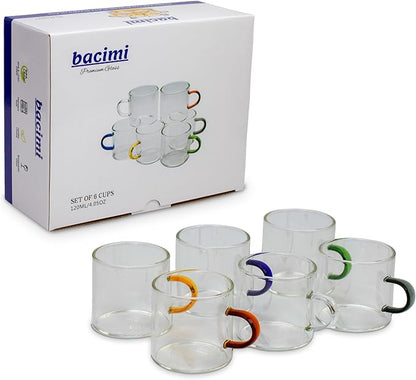 Bacimi® Clear Espresso Cups with Colorful Handles - Set of 6 / 4oz / 120ML - Borosilicate Glass Mugs for Cappuccino, Tea, Latte, & Hot Beverage - Mini Drinking Cups - Microwave Safe