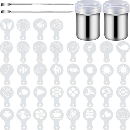72 Pieces Coffee Decoration Stencils Latte Art Template Coffee Mold Tool with 2 Latte Art Pen 2 Dusting Jars Mesh Powder Shaker for Cake Cookie Decorating Oatmeal Cappuccino Hot Chocolate