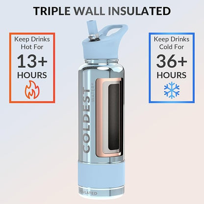 Coldest Insulated Water Bottle with Straw Lid - Stainless Steel Metal Insulated Bottle for Men & Women (Blue Reflections, 40 oz)