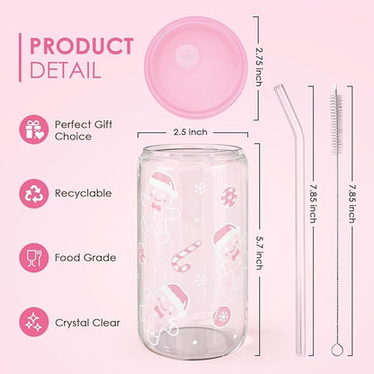 Christmas Gingerbread 16oz Can Glass Tumbler with Acrylic Lid & Straw, Iced Coffee Cup for Women Girls, Aesthetic Cups Gifts for Xmas
