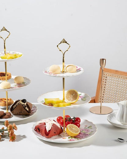 Sweejar 3 Tier Ceramic Cake Stand Wedding, Dessert Cupcake Stand for Tea Party Serving Platter (Fresh Flower)