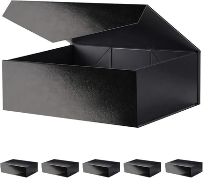 Large Black Collapsible Gift Boxes with Magnetic Closure Lids 13.5x9x4.1 Inches, Groomsmen Proposal Boxes, Rectangle Present Boxes (Glossy Black, 6 Pack)