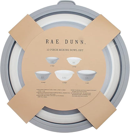 Rae Dunn Mixing Bowls with Lids - 10 Piece Plastic Nesting Bowls Set includes 5 Prep Bowls and 5 Lids (Grey)