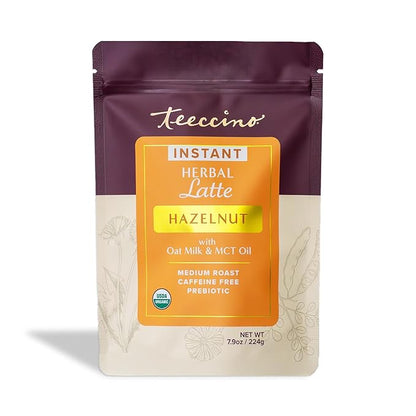 Teeccino Organic Instant Hazelnut Herbal Latte – 14 Servings – Creamy Oat & Coconut Latte Plus MCT Oil with Buttery Hazelnuts & Dates Accenting Roasted Chicory – Prebiotic, Caffeine-Free – 7.9 ounces