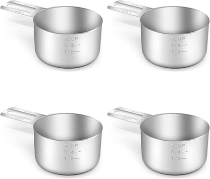 4PCS 1Cup (240ml, 8oz) Single Measuring Cup, Stainless Steel Measure Scoop, Metric and US Measurement, Dishwasher Safe