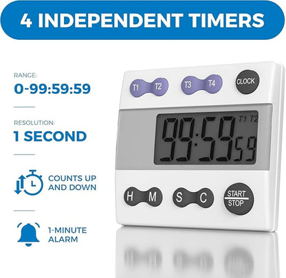 Sper Scientific Portable Digital Kitchen & Lab Timer 810015 - 4 Channel, Large Display, Loud Alarm - 4 pc