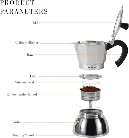 Stovetop Espresso Maker, 3Cup Moka Pot, Espresso Machine Compatible with Induction Cooktops, 150ml Stainless Steel & Aluminum Cuban Coffee Maker for Cafetera Cubana, Silver