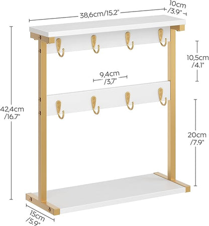 Coffee Mug Holder for Counter, 2 Tier Mug Tree Rack, with 8 Hook and 2 Open Shelves, Vintage Mug Holder Stand for Home Kitchen, White and Gold MH43DW