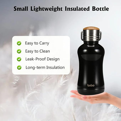 YOHKOH Mini Insulated Water Bottle With Bamboo Lid - 8.8oz Small Vacuum Insulated Water Bottle for Women Kids, 12 Hrs Hot & 24 Hrs Cold Stainless Steel Thermos Leak-Proof BPA-Free (8.8oz,Black)