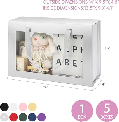 Large Silver Clear Gift Boxes, 13.5x9x4.1 Inches, 5 Pack with Windows by Handles, Magnetic Closure, Suitable for Various Occasions