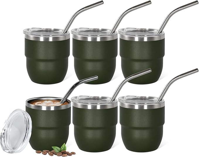 4oz Stackable Cup, Vacuum Insulated Espresso Cup Set of 6, Espresso Shot Cup for Coffee, Double Wall Stainless Steel Mini Tumbler Shot Glasses with Straw and Lid (A-green6P, 4oz)