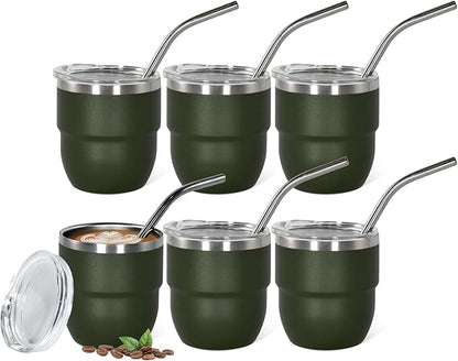 4oz Stackable Cup, Vacuum Insulated Espresso Cup Set of 6, Espresso Shot Cup for Coffee, Double Wall Stainless Steel Mini Tumbler Shot Glasses with Straw and Lid (A-green6P, 4oz)