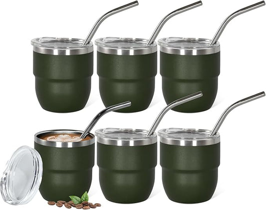 4oz Stackable Cup, Vacuum Insulated Espresso Cup Set of 6, Espresso Shot Cup for Coffee, Double Wall Stainless Steel Mini Tumbler Shot Glasses with Straw and Lid (A-green6P, 4oz)