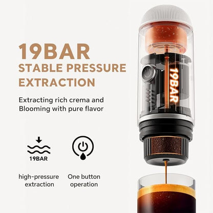 BENFUCHEN Portable Electric Espresso Machine, Travel Coffee Maker for Camping, On the Go Car Coffee Maker Self-Heating with USB-C, With Ground Coffee & N Espresso Capsule for RV/Hiking/Office, White