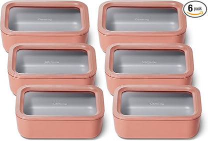 Caraway 6pc Glass Food Storage Set – 6.6 Cup Food Containers (6) - Ceramic Coated - Non Toxic, Non Stick with Lids - Microwave Safe - Perracotta
