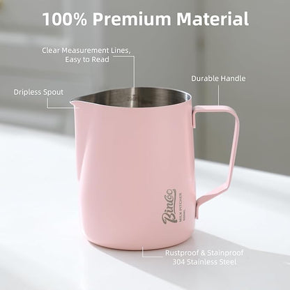 Pink Milk frother - 600ml Milk Frothing Pitcher, Milk Frother Cup Espresso Steaming Pitcher for Barista, Bincoo SUS304 Stainless Steel Espresso Steaming Pitchers for Latte Art/Cappuccino/Coffee/Milk