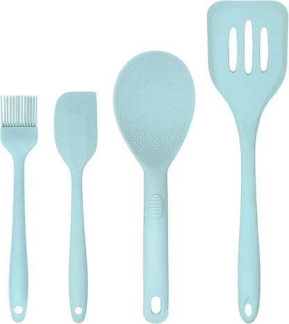 Silicone Utensils 4-Piece Set – Rubber Spatula, Pastry Brush, Slotted Turner, and Rice Paddle – Complete Heat-Resistant Set for Non-Stick Cookware – Kitchen Tools for Cooking and Baking – Pastel Blue