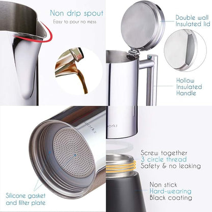 Easyworkz Diego Stovetop Espresso Maker Stainless Steel Italian Coffee Machine Maker 6Cup 10 oz Moka Pot Induction Espresso Pot