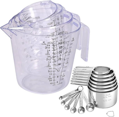 7x Stainless Steel Measuring Cups with 6x Measure Spoons Set,4x Plastic Measurings Cups for Liquids,Kitchen Gadgets for Cooking & Baking Utensils(17Pcs)