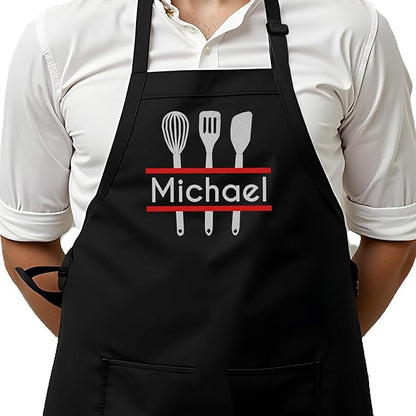 Personalized Chef Apron for Men, Custom Embroidered Design, Professional Kitchen Cooking BBQ Grilling for Dad, Decorated in USA