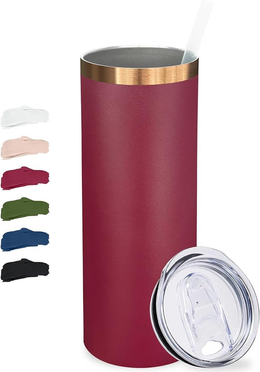 20 oz Skinny Tumblers Bulk, Stainless Steel Insulated Tumbler with Lids and Straws, Slim Double Wall Powder Coated Travel Coffee Mugs, Reusable Cup for Hot and Cold Drinks (Red,1 pack)