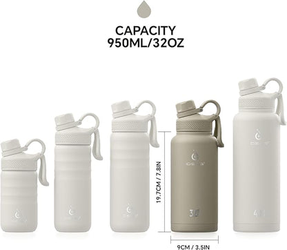 IDEUS Insulated Stainless Steel Water Bottle with 2 Leak-Proof Lids, Thermal Water Flask for Hiking Biking, 32oz, Celadon
