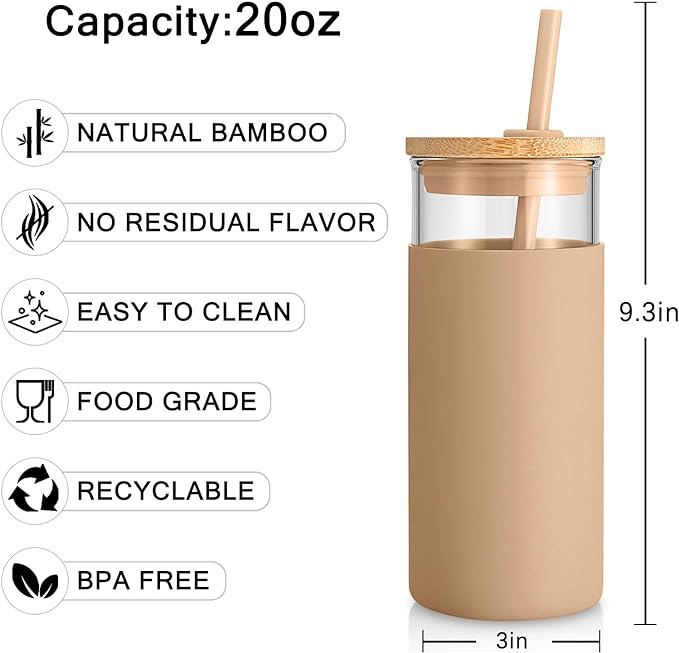 Tronco 20 oz Glass Tumbler Glass Water Bottle Straw Silicone Protective Sleeve Bamboo Lid - BPA Free (Terrazzo Blush)