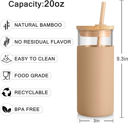 Tronco 20 oz Glass Tumbler Glass Water Bottle Straw Silicone Protective Sleeve Bamboo Lid - BPA Free (Terrazzo Blush)