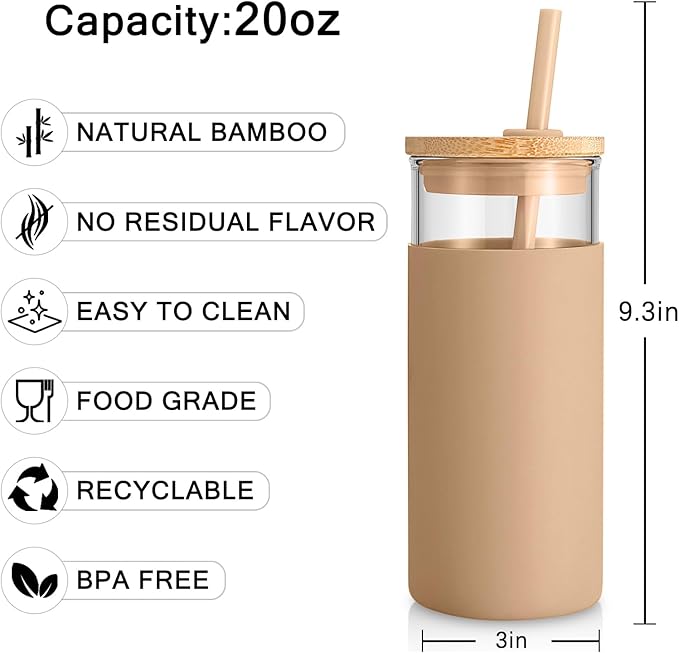 Tronco 20 oz Glass Tumbler Glass Water Bottle Straw Silicone Protective Sleeve Bamboo Lid - BPA Free- Amber/2 Pack