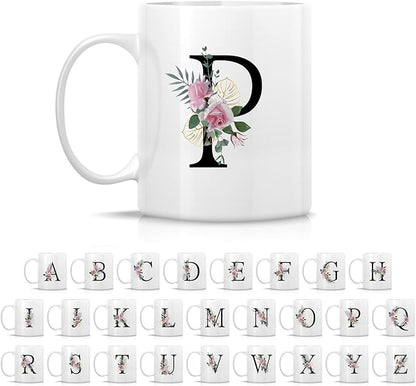 Retreez Initial A-Z Floral Botanical Bouquet Alphabet Monogrammed Monogram Mug 11 Oz Ceramic Tea Coffee Mugs - Appreciation Thank You Wedding Birthday Gifts for her friend coworker sister - P Initial