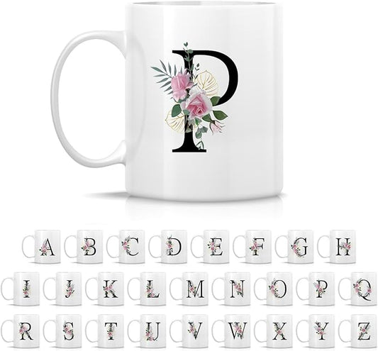 Retreez Initial A-Z Floral Botanical Bouquet Alphabet Monogrammed Monogram Mug 11 Oz Ceramic Tea Coffee Mugs - Appreciation Thank You Wedding Birthday Gifts for her friend coworker sister - P Initial