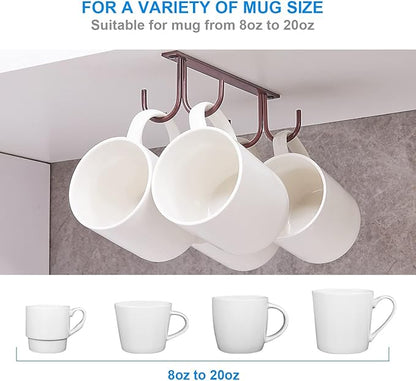 Mug Rack Under Cabinet - Coffee Cup Holder, 12 Mugs Hooks Under Shelf, Display Hanging Cups Drying Hook for Bar Kitchen Utensils Brown