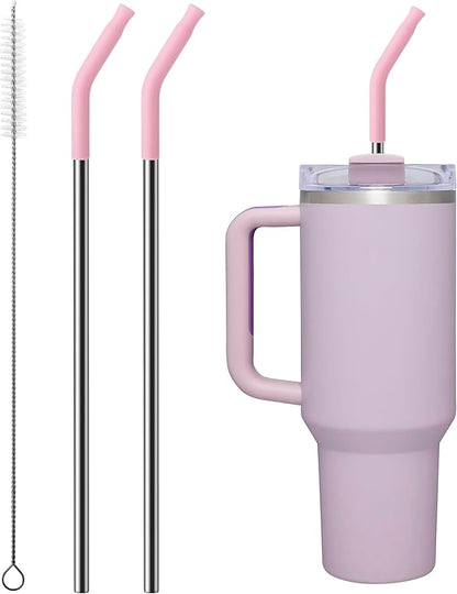 Repeatable Metal Straw with Silicone Tips for 30 oz Stanley Tumbler, 2 Pcs 30 oz Stainless Steel Straws Replacement for Stanley Tumbler, 1 Straw Brush, BPA Free（Mallow Purple）
