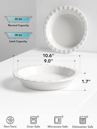 LE TAUCI Ceramic Pie Pans for Baking, 9 Inches Pie Plate for Apple Pie, Round Baking Dish, 36 Ounce Fluted Dish Pie Pan, Set of 2, White