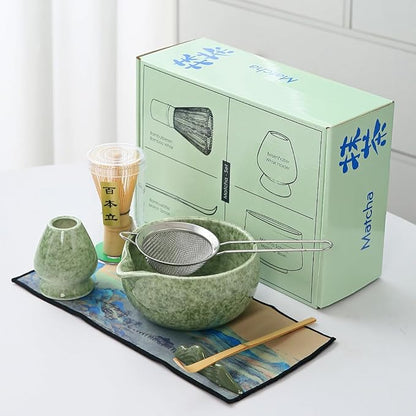 Matcha Set, 7 Pieces, Matcha Bowl with Spout, Whisk, Holder, Bamboo Scoop, Stainless Steel Sifter Matcha color