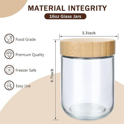 OcePor 4 Pack 16oz Glass Jars with Bamboo Lids, Over Night Oats Container with Airtight Lid, Glass Snack Storage Salad Jars For Food, Yogurt, Sugar and Flour,Coffee Bean, Cookie, Cereal