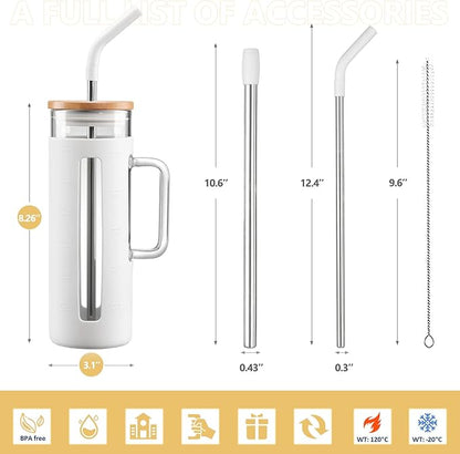 Kodrine Tumbler with Lid and Straw, 20 oz Glass Coffee Tumbler with Handle, Smoothie Cup with Bamboo Lid | Time Marker | Silicone Protective Sleeve, BPA Free - White