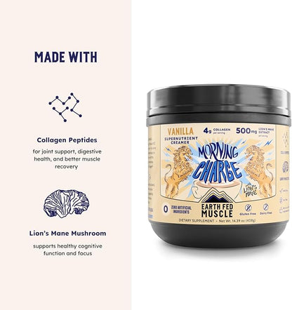 Earth Fed Muscle Morning Charge Protein Coffee Creamer with Collagen & Lion’s Mane – Organic Coffee Creamer with Adaptogenic Mushrooms – Dairy-Free, Soy-Free, Gluten-Free – 24 Serving