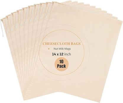 10 Pack Nut Milk Bag, 12‘’ x 14‘’ Fine Mesh Grade Reusable Cheesecloth Bags Strainers, Unbleached Organic Cotton Filter Bags for Almond Milk, Juices, ColdBrew, Cheese, Tea, Yogurt, Coffee
