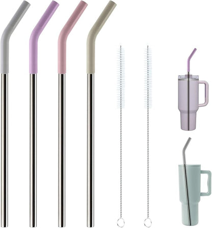 Replacement Straws for 40oz Tumblers,Metal Straws Reusable Compatible with Stanley 40oz Cup, 40 oz Tumbler Straw,4 Pack 12" Extra Long Stainless Steel Straws with Silicone Tips and Cleaner Brush