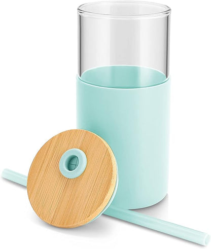 Tronco 16 oz Glass Tumbler with Straw and Bamboo Lid, Iced Coffee Cup Reusable, Smoothie Cups, Tumbler with Silicone Protective Sleeve - BPA Free